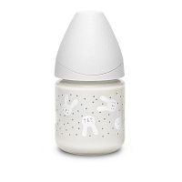 Suavinex Бутылочка Hugge Baby, 120мл с круглой силиконовой соской, стекло, цвет / серый					