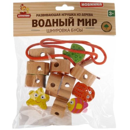 Буратино Игрушка деревянная, бусы на шнуровке в пакете, в коробке 200 штук, 281585