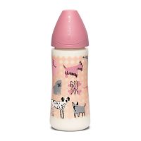 Suavinex Бутылочка "Dog" 4+, 360мл, с круглой силиконовой соской, сильный поток, цвет / розовый