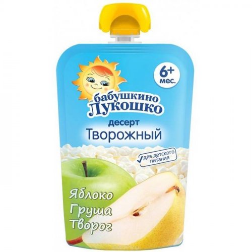 Бабушкино Лукошко Пюре Творог яблоко груша в мягкой упаковке 90г 6 мес