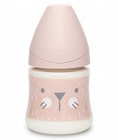 Suavinex Бутылка с круглой силиконовой соской Hugge Baby, 150 мл  / цвет розовый, зайка с крапинками R0					