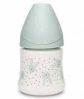 Suavinex Бутылка с круглой силиконовой соской Hugge Baby, 150 мл  / цвет зеленый, зайка с точками R0					