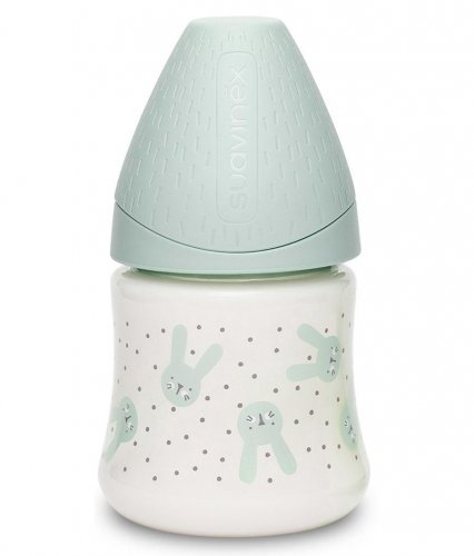 Suavinex Бутылка с круглой силиконовой соской Hugge Baby, 150 мл  / цвет зеленый, зайка с точками R0