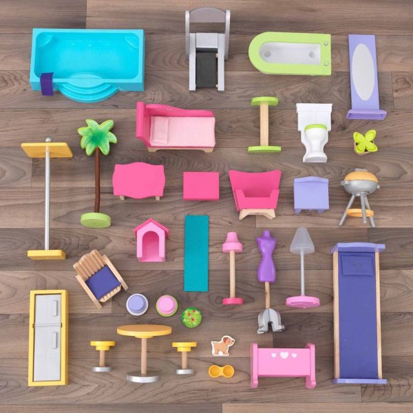 KidKraft Деревянный кукольный домик "Патио и бассейн", с мебелью, 32 предмета
