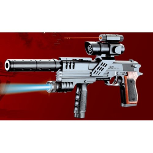 Детский игровой пистолет с лазерным прицелом, глушителем и фонариком 297094 / цвет серый