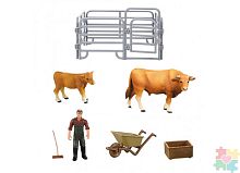 Паремо Игрушки фигурки в наборе серии "На ферме", 7 предметов (рыжий бык, теленок, фермер, ограждение-загон)					