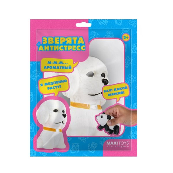 Maxitoys Игрушка-сквиш Зверята-Антистресс Собака Бишон, 8 см, в красочном пакете с окошком