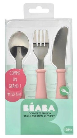 Beaba Набор для кормления (ложка, вилка, имитатор ножа) Set 3 couverts Inox / цвет old pink (розовый)