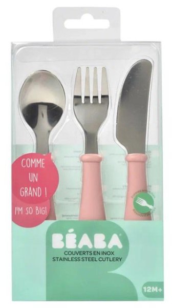 Beaba Набор для кормления (ложка, вилка, имитатор ножа) Set 3 couverts Inox / цвет old pink (розовый)