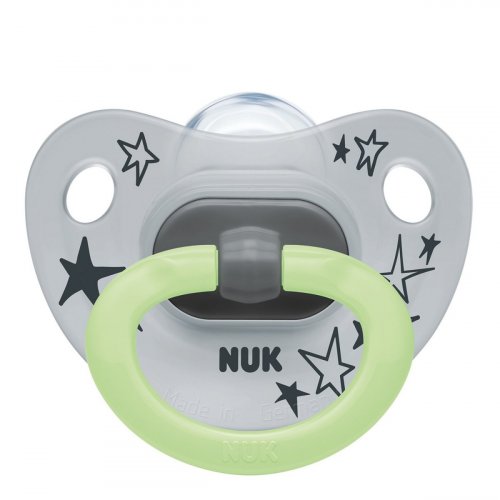 Nuk Соска-пустышка ортодонтическая из силикона Happy Nights с контейнером, размер 1 / цвет серый