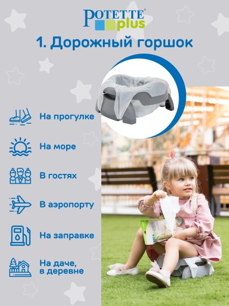 Potette Plus Складной дорожный горшок и 3 пакета в комплекте / цвет серый