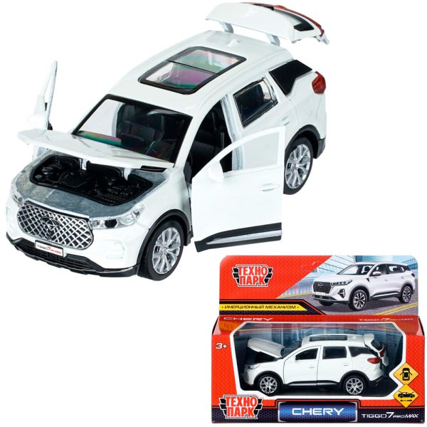 Машина металл chery tiggo 7 pro max 12см, двери, кап, баг, инер, белый, кор. Технопарк415035