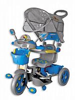 Детский велосипед трехколесный с родительской ручкой и корзиной для игрушек/ цвет серо-голубой