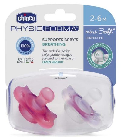 Chicco Пустышка Physio Soft Mini силиконовая, 2-6 месяцев, 2 штуки / цвет розовый