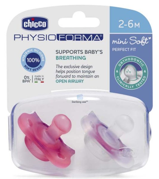 Chicco Пустышка Physio Soft Mini силиконовая, 2-6 месяцев, 2 штуки / цвет розовый
