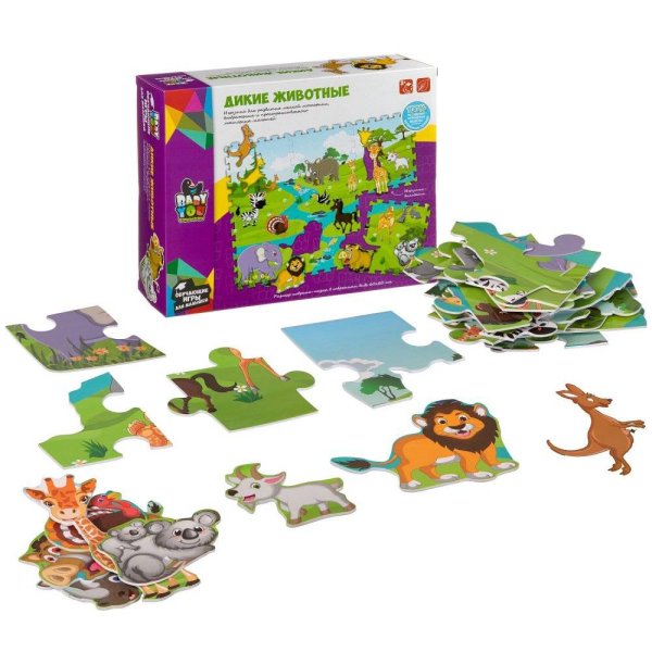 Bondibon Пазл-коврик Дикие Животные с фигурками-вкладышами, 60х80 см.