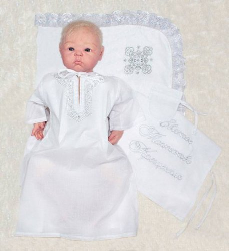 Осьминожка Комплект для мальчика крестильный: рубашка, уголок, мешочек д/волос, мешок уп-ный р-р 62 см,серебро