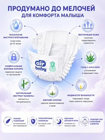 Подгузники"Air Baby" р-р Newborn 1 (2-5кг) 54шт в упак