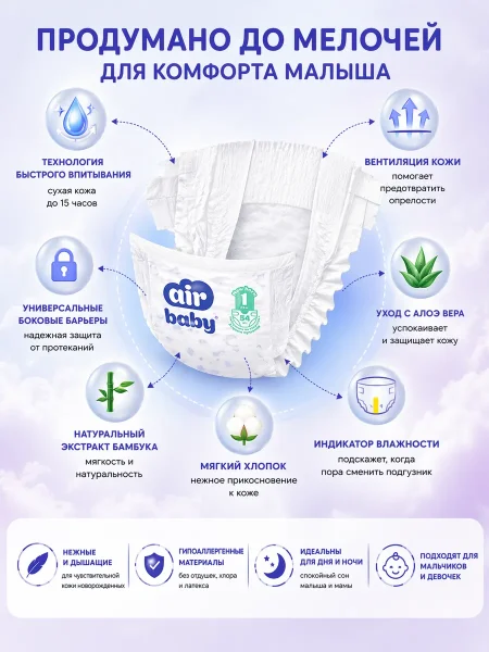 Подгузники"Air Baby" р-р Newborn 1 (2-5кг) 54шт в упак