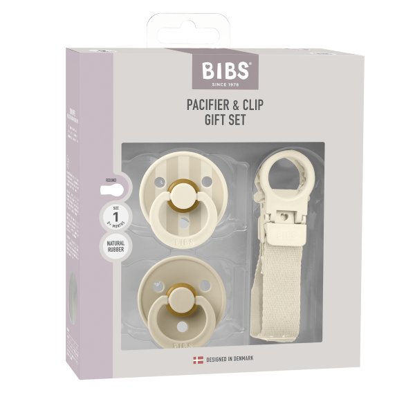 Подарочный набор пустышек BIBS Colour 2 шт. с держателем Loop Clip - Ivory, 0+ месяцев.