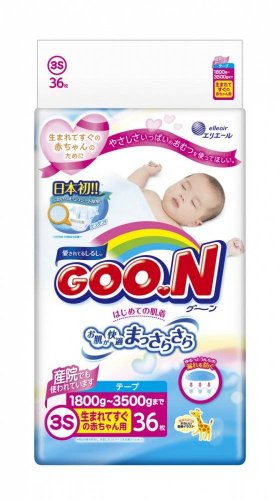 Подгузники Goon для новорожденных, SS до 3-х кг / 36 шт