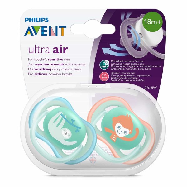 Avent Пустышка ultra air с футляром для стерилизации, сверхплотная соска, 18 мес+ 2 штуки