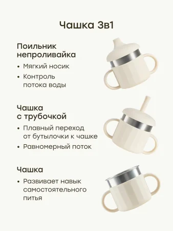 Поильник с ручками 3 в 1: с мягким носиком и трубочкой, 220 мл (cream)
