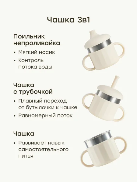Поильник с ручками 3 в 1: с мягким носиком и трубочкой, 220 мл (cream)