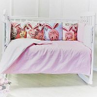 Луняшки Комплект в кроватку "Панно прекрасные зайчики" /6 предметов/ цвет розовый