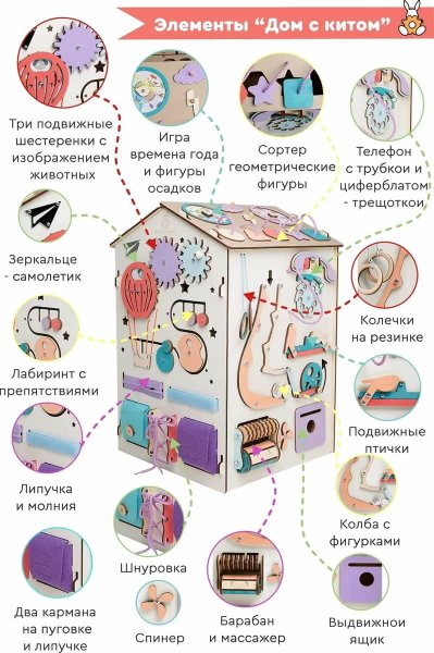 Bunny Board Бизиборд домик развивающий "Дом с китом" со светом, большой