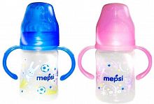 Mepsi Бутылочка для кормления с широким горлышком с силиконовой соской с ручками, 150 мл, 6+ ассортименте / 0209					