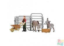 Паремо Игрушки фигурки в наборе серии "На ферме", 6 предметов (фермер, 2 ослика, ограждение-загон, инвентар					