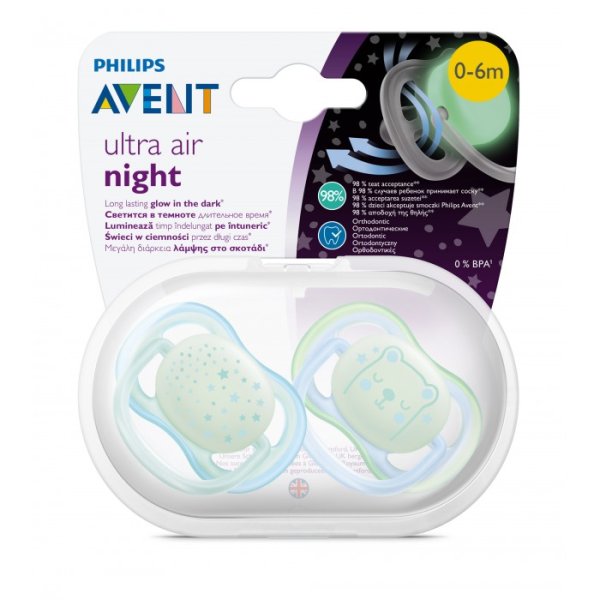 Avent Пустышка ultra air ночная с футляром для хранения и стерилизации, 0–6 мес 2 шт / цвет голубой