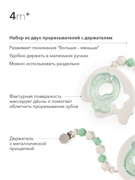 Happy Baby Набор прорезывателей (силиконовый и полиэтиленовый с водой) с держателем / цвет white and mint