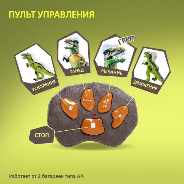 (м)Динозавр радиоуправляемый T-Rex, световые и звуковые эффекты, работает от батареек, зелёный