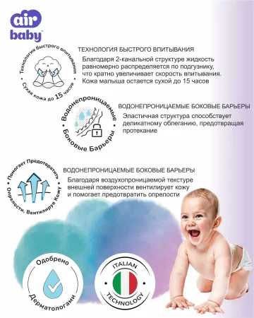 Подгузники"Air Baby" р-р Newborn 1 (2-5кг) 54шт в упак