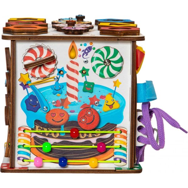 Evotoys Бизиборд развивающий кубик "Смайлики на дне рождения"