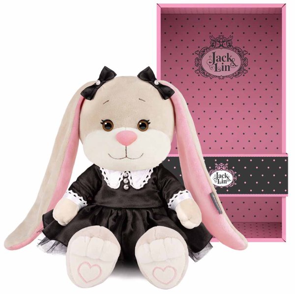 Maxitoys Мягкая игрушка Jack&Lin, Зайка Лин в модном чёрном платье с белым воротничком, 25 см