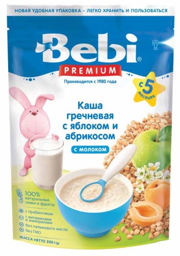 Bebi Каша Premium Гречка-яблоко-абрикос с молоком, с 5 месяцев, 200 г
