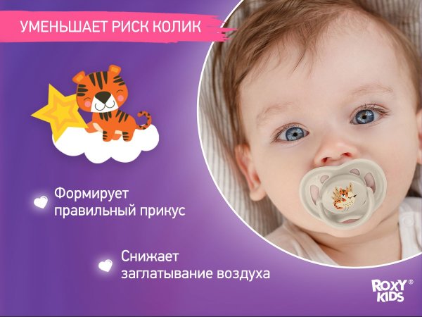 ROXY-KIDS Соска-пустышка ортодонтическая TIGER с футляром, 2 шт, 0-6 мес