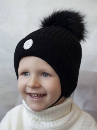 (м)1031Шапка зим.с утепл.с мех.помпон.на завязках (р. 42, цв. черный)