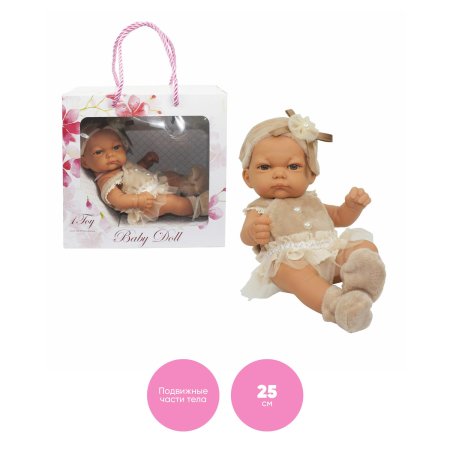 1TOY Premium пупс в нарядном бежевом платьице, пинетках и шапочке