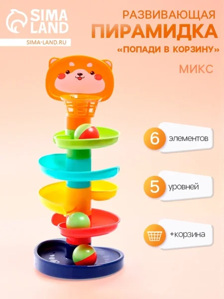 Развивающая пирамидка "Попади в корзину", 6 элементов 