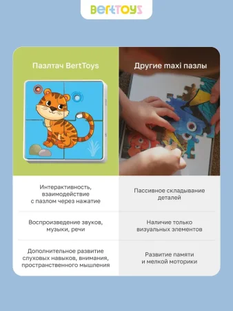 BertToys Интерактивная развивающая игрушка для детей ПазлТач "Животные зоопарка" говорящий пазл