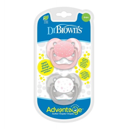 Dr. Browns Пустышка силиконовая, 0-6 мес., с крышкой для девочек Розовые звезды, набор из 2 шт.