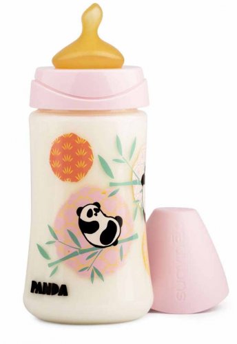 Suavinex Бутылочка "Панда" с анатомической латексной соской, 270 мл, от 0 до 6 месяцев, цвет / розовый