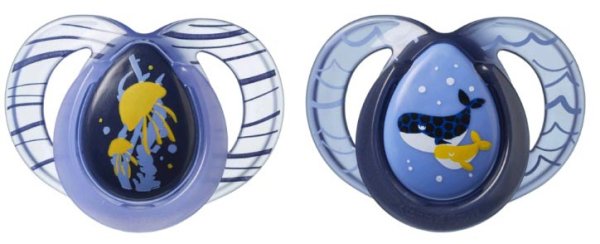 Tommee Tippee Пустышка силиконовая Night Time Meduza/Balena, 6-18 месяцев, 2 штуки