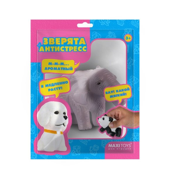 Maxitoys Игрушка-сквиш Зверята-Антистресс Слон, 12 см, в красочном пакете с окошком