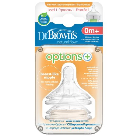 Dr Brown's Соска Options+ для бутылочек с широким горлышком с 0 месяцев, 2 штуки / цвет прозрачный