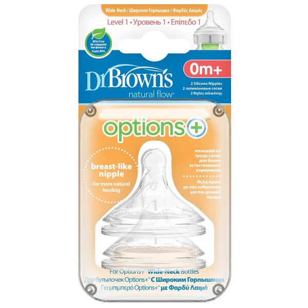 Dr Brown's Соска Options+ для бутылочек с широким горлышком с 0 месяцев, 2 штуки / цвет прозрачный